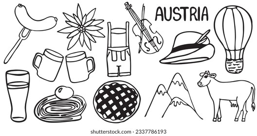 Austria sights. Vector illustration.  alps,  costume, tyrolean  hat hunter, tyrolean,  edelweiss, mountain, air balloon, violin, beer, sausages, strudel,  cow, viennese pie. Doodle collection. isolate