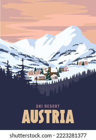 Austria Ski resort poster, retro. Alpes Winter travel card