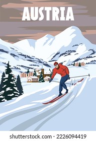 Afiche de la estación de esquí de Austria, retro. Tarjeta de viaje Alpes Winter