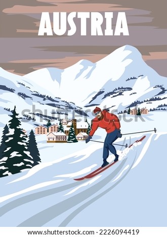 Austria Ski resort poster, retro. Alpes Winter travel card
