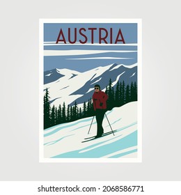 austria ski resort vintage poster travel illustration design, winter travel design