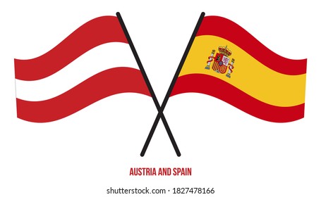 Banderas de Austria y España Cruzadas y ondeadas de estilo plano. Proporción oficial. Colores correctos.
