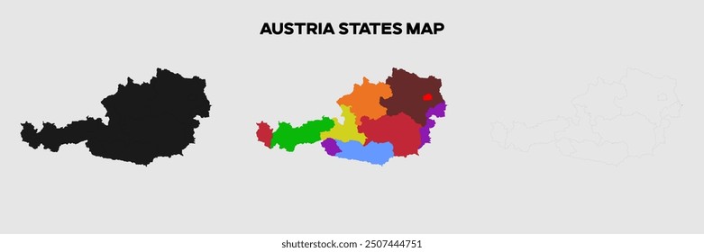 Austria States Map in colors. EPS file also in selhoutte and outlined form. Editable EPS file.
