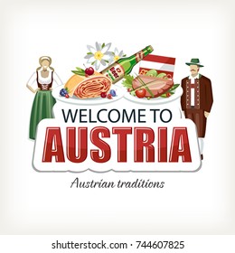 Austria sticker header lettering welcome with food people in national costumes