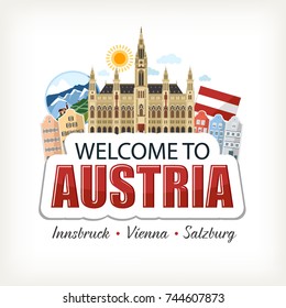 Austria sticker header lettering welcome with cathedral nature mountains symbols of the country 