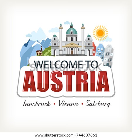 Austria sticker header lettering welcome with cathedral nature mountains