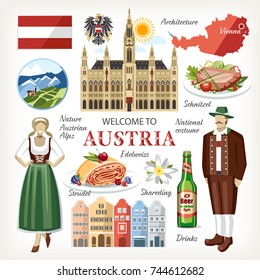 Austria Symbols Collection Cathedral Vienna National Costume Alps State Symbols Food Map Beer People Architecture