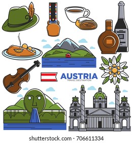 Austria tourism travel landmarks and famous sightseeing vector icons set