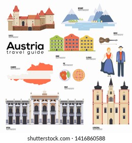 Austria travel guide template. Set of austrian landmarks, cuisine, traditions flat icons, pictograms on white. Sightseeing attractions and cultural symbol vector elements for tourist infographic, web.