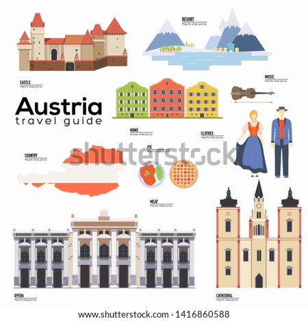 Austria travel guide template. Set of austrian landmarks, cuisine, traditions flat icons, pictograms on white. Sightseeing attractions and cultural symbol vector elements for tourist infographic, web.