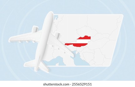 Austria Travel Illustration with Plane and National Flag. Ideal for travel agencies, promotional materials, or geographic content related to Austria.