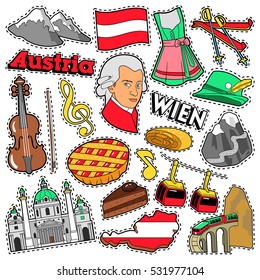 Austria Travel Scrapbook Stickers, Patches, Badges for Prints with Alps, Cake and Austrian Elements. Comic Style Vector Doodle