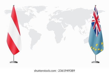 Austria and Tuvalu flags for official meeting against background of world map.