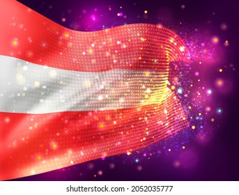 Austria, bandera vectorial 3d sobre fondo púrpura rosa con iluminación y bengalas
