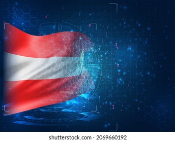 Austria , vector 3d flag on blue background with hud interfaces