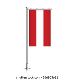 Austria vector banner flag hanging on a silver metallic pole. Vertical Austria flag template isolated on a white background.