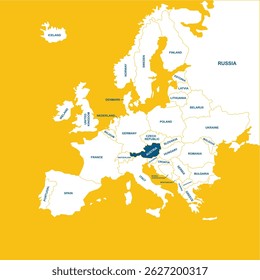 Austria vector map, Europe, vector map silhouette illustration isolated on Europe map. Editable blank vector map of Europe. 