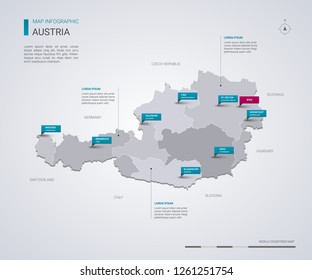 Austria vector map with infographic elements, pointer marks. Editable template with regions, cities and capital Vienna. 