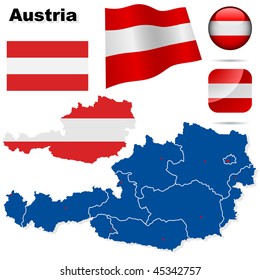 Austria vector set. Detailed country shape with region borders, flags and icons isolated on white background.