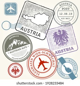 Austria, Vienna and Alps journey, travel stamps, labels and stickers, vector