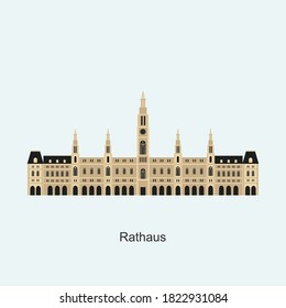 Austria, Vienna City flat travel skyline of Rathaus. The famous and largest city in Europe. Flat architecture of Austria landmark travel collection. Travel guide theme. Vector design illustration