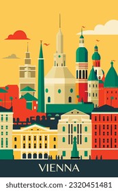 Austria Vienna retro city poster with abstract shapes of landmarks, buildings and monuments. Vintage travel vector illustration