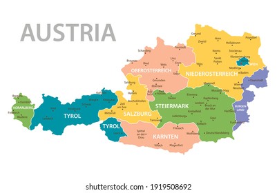 

Austria vintage map. High detailed vector map with pastel colors, cities and geographical borders