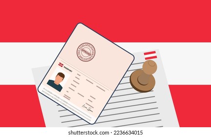 Austria visa, open stamped passport with visa approved document for border crossing. Immigration visa concept. Background with Austria flag. vector illustration