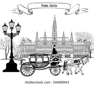 Austria visit card. Vienna city view with rathaus and carriage. Wien street. 