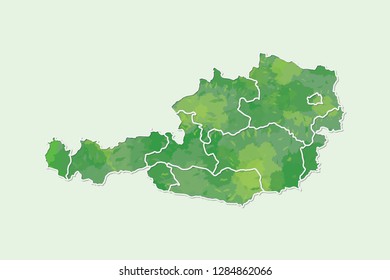 Austria watercolor map vector illustration of green color with border lines of different regions or states on light background using paint brush in page