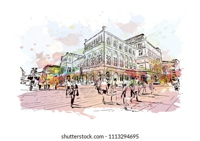 in Austria. Watercolor splash with hand drawn sketch illustration in vector.