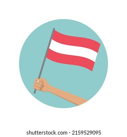 Austria waving flag circle icon. Hand holding Austrian flag. National symbol. Vector illustration. 