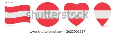 Austria waving flag, round circle sticker badge, heart shaped icon, map pin. Austrian flag buttons of different shapes. Vector illustration isolated on white.