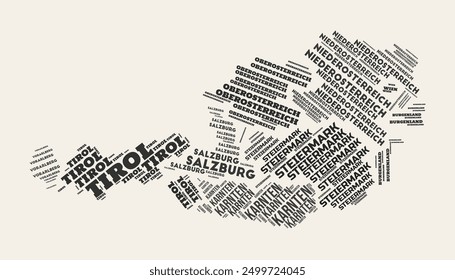 Austria Word Cloud. Country with regions division. Austria typographic text clouds vector image design. Vintage gazette style country shape image. Stylish vector illustration.