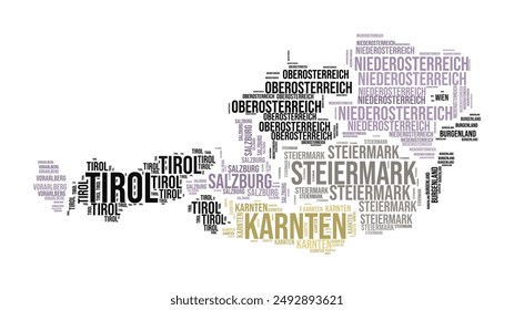 Austria Word Cloud. Country shape with region division. Austria typography style image. Region names tag clouds. Vector illustration.