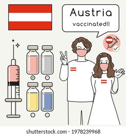 Austria : Young man and woman presenting vaccination for immunity health with national flag and vaccine choices : Vector Illustration