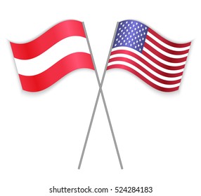 Austrian and American crossed flags. Austria combined with United States of America isolated on white. Language learning, international business or travel concept.
