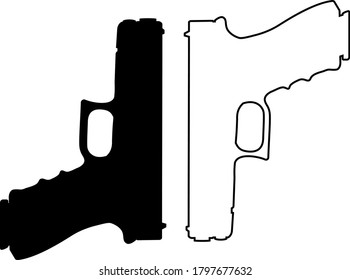 Austrian army automatic pistol Glock-17 silhouette black and white. Vector illustration