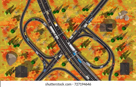 Austrian autobahn top view with road traffic in autumn with red grass