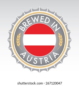 An Austrian beer cap crest in vector format. The bottle cap features the Austrian flag flanked by two golden wheat icons.