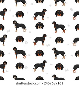 Austrian black and tan hound seamless pattern. Different poses, coat colors set. vector illustration