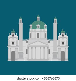 Austrian City sights in Vienna. Austria Landmark Travel And Journey Architecture Elements Karlskirche, vector illustration