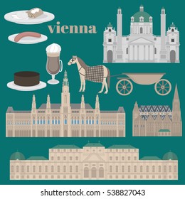 Austrian City sights in Vienna. Austria Landmark Travel And Journey Architecture Elements Stephansdom, Karlskirche, Belvedere palace, Town hall, vector