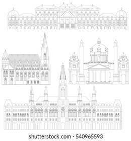 Austrian City sights in Vienna. Austria Landmark Travel And Journey Architecture Elements Stephansdom, Karlskirche, Belvedere palace, Town hall, vector illustration