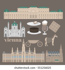 Austrian City sights in Vienna. Austria Landmark Travel And Journey Architecture Elements Stephansdom, Karlskirche, Belvedere palace and Town hall