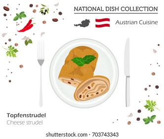 Austrian Cuisine. European national dish collection. Cheese strudel isolated on white infographic. Vector illustration