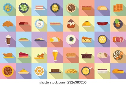 Austrian cuisine icons set flat vector. Strudel bakery. Cafe dish