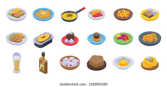 Austrian cuisine icons set isometric vector. Strudel bakery. Cafe plate