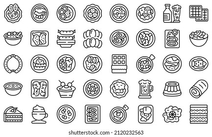 Austrian cuisine icons set outline vector. Strudel bakery. Cafe plate