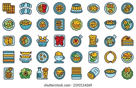 Austrian cuisine icons set outline vector. Strudel bakery. Cafe plate